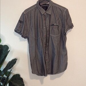 GUESS Men's Gray Short Sleeve Shirt Large 100% cotton